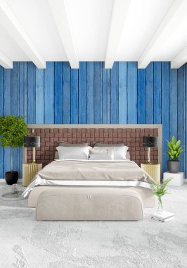 Çatı katı yatak odasında modern tarzı iç tasarım eklektik duvar ve şık kanepe. 3D render.