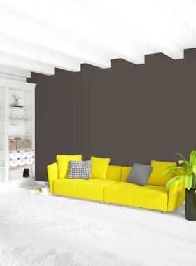 Çatı katı yatak odasında modern tarzı iç tasarım eklektik duvar ve şık kanepe. 3D render.