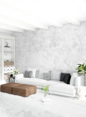 Çatı katı yatak odasında modern tarzı iç tasarım eklektik duvar ve şık kanepe. 3D render.