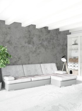 Çatı katı yatak odasında modern tarzı iç tasarım eklektik duvar ve şık kanepe. 3D render.