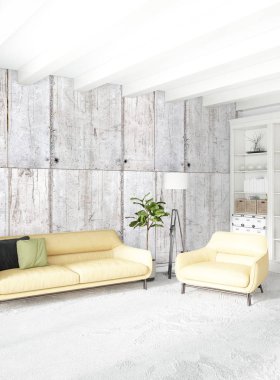 Çatı katı yatak odasında modern tarzı iç tasarım eklektik duvar ve şık kanepe. 3D render.