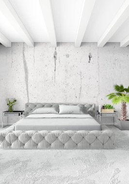 Çatı katı yatak odasında modern tarzı iç tasarım eklektik duvar ve şık kanepe. 3D render.