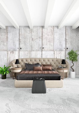Çatı katı yatak odasında modern tarzı iç tasarım eklektik duvar ve şık kanepe. 3D render.