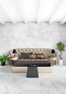 Çatı katı yatak odasında modern tarzı iç tasarım eklektik duvar ve şık kanepe. 3D render.