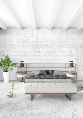 Çatı katı yatak odasında modern tarzı iç tasarım eklektik duvar ve şık kanepe. 3D render.