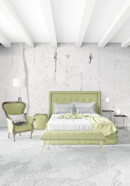 Çatı katı yatak odasında modern tarzı iç tasarım eklektik duvar ve şık kanepe. 3D render.