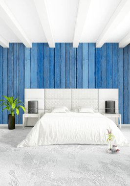 Çatı katı yatak odasında modern tarzı iç tasarım eklektik duvar ve şık kanepe. 3D render.