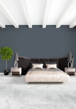 Çatı katı yatak odasında modern tarzı iç tasarım eklektik duvar ve şık kanepe. 3D render.