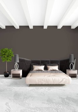 Çatı katı yatak odasında modern tarzı iç tasarım eklektik duvar ve şık kanepe. 3D render.