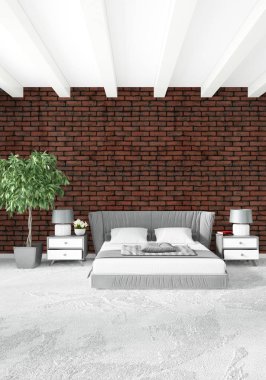 Çatı katı yatak odasında modern tarzı iç tasarım eklektik duvar ve şık kanepe. 3D render.