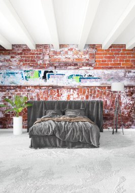 Çatı katı yatak odasında modern tarzı iç tasarım eklektik duvar ve şık kanepe. 3D render.