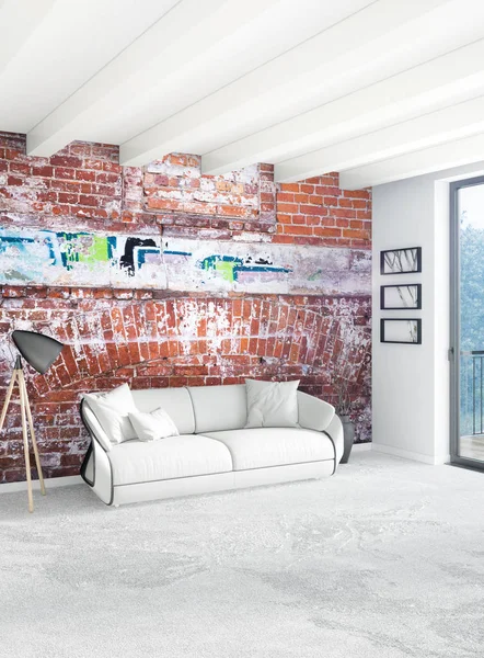 Çatı katı yatak odasında modern tarzı iç tasarım eklektik duvar ve şık kanepe. 3D render.