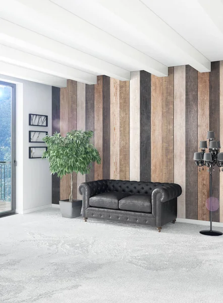 Çatı katı yatak odasında modern tarzı iç tasarım eklektik duvar ve şık kanepe. 3D render.