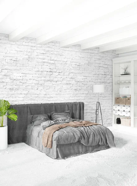 Podkrovní ložnice v moderním stylu interiéru s eklektickou zdi a stylová pohovka. 3D vykreslování. — Stock fotografie
