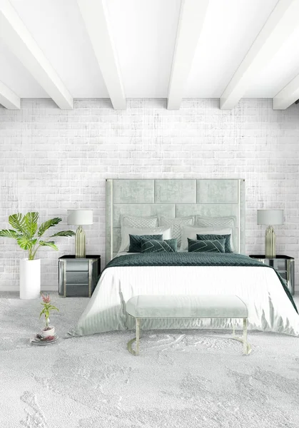 Çatı katı yatak odasında modern tarzı iç tasarım eklektik duvar ve şık kanepe. 3D render.