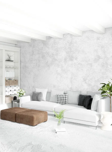 Çatı katı yatak odasında modern tarzı iç tasarım eklektik duvar ve şık kanepe. 3D render.