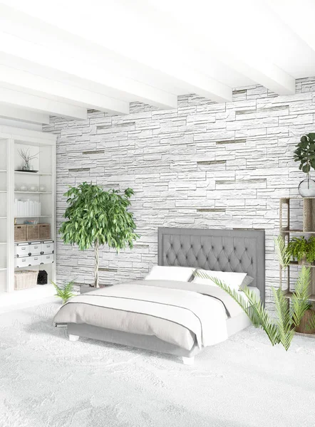 折衷的な壁とスタイリッシュなソファ モダン インテリア デザインのロフト寝室。3 d レンダリング. — ストック写真