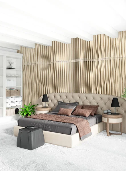 Çatı katı yatak odasında modern tarzı iç tasarım eklektik duvar ve şık kanepe. 3D render.