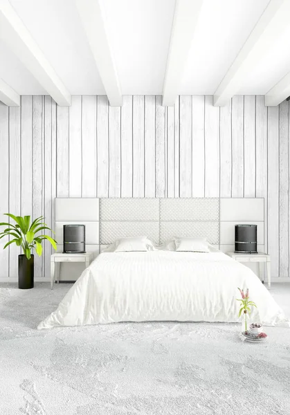 Κρεβατοκάμαρα σοφίτα στον μοντέρνο εσωτερικό σχεδιασμό με εκλεκτική τοίχο και κομψό καναπέ. 3D rendering. — Φωτογραφία Αρχείου