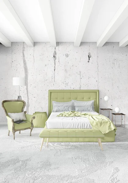 Çatı katı yatak odasında modern tarzı iç tasarım eklektik duvar ve şık kanepe. 3D render.