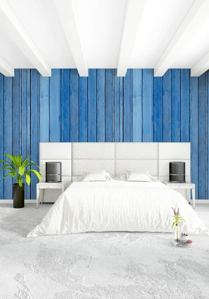 Çatı katı yatak odasında modern tarzı iç tasarım eklektik duvar ve şık kanepe. 3D render.