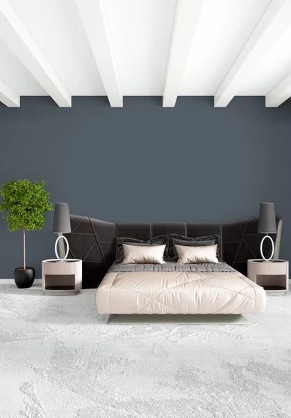 Çatı katı yatak odasında modern tarzı iç tasarım eklektik duvar ve şık kanepe. 3D render.