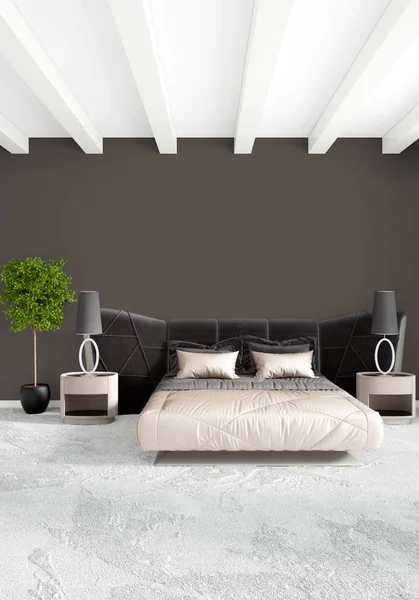 Çatı katı yatak odasında modern tarzı iç tasarım eklektik duvar ve şık kanepe. 3D render.