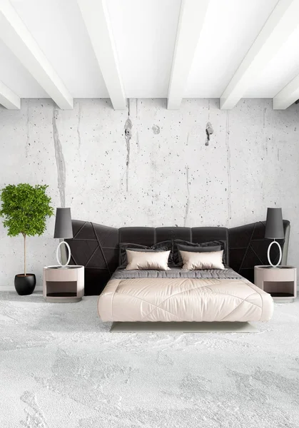 Çatı katı yatak odasında modern tarzı iç tasarım eklektik duvar ve şık kanepe. 3D render.