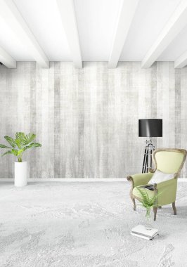 Çatı katı yatak odasında modern tarzı iç tasarım eklektik duvar ve şık kanepe. 3D render.