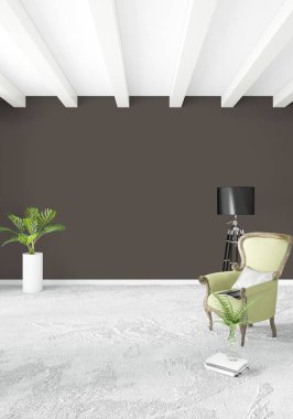 Çatı katı yatak odasında modern tarzı iç tasarım eklektik duvar ve şık kanepe. 3D render.