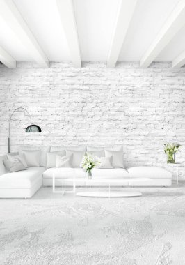 Çatı katı yatak odasında modern tarzı iç tasarım eklektik duvar ve şık kanepe. 3D render.