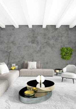 Çatı katı yatak odasında modern tarzı iç tasarım eklektik duvar ve şık kanepe. 3D render.