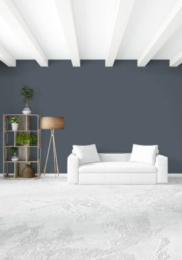Çatı katı yatak odasında modern tarzı iç tasarım eklektik duvar ve şık kanepe. 3D render.