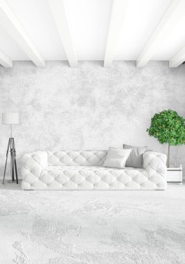 Çatı katı yatak odasında modern tarzı iç tasarım eklektik duvar ve şık kanepe. 3D render.