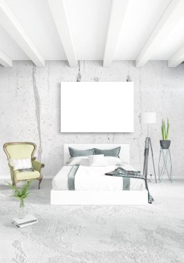 Çatı katı yatak odasında modern tarzı iç tasarım eklektik duvar ve şık kanepe. 3D render.