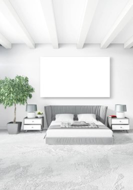 Çatı katı yatak odasında modern tarzı iç tasarım eklektik duvar ve şık kanepe. 3D render.