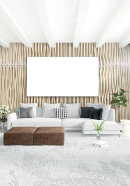 Çatı katı yatak odasında modern tarzı iç tasarım eklektik duvar ve şık kanepe. 3D render.