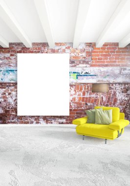 Çatı katı yatak odasında modern tarzı iç tasarım eklektik duvar ve şık kanepe. 3D render.