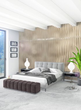 Çatı katı yatak odasında modern tarzı iç tasarım eklektik duvar ve şık kanepe. 3D render.