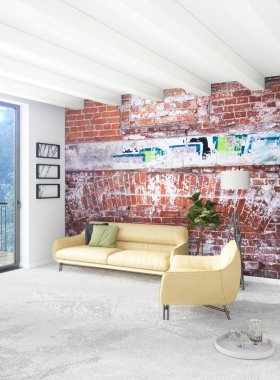 Sarı yatak odası veya oturma odası dekorasyon duvar ve şık mobilya yayan ile modern tarzda. 3D render.