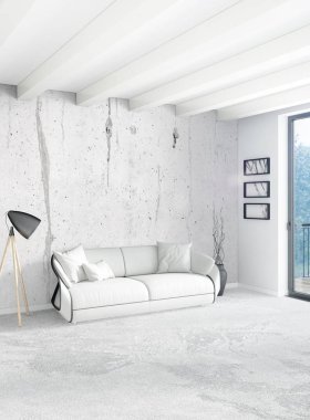 Çatı katı yatak odasında modern tarzı iç tasarım eklektik duvar ve şık kanepe. 3D render.