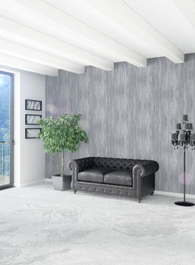 Çatı katı yatak odasında modern tarzı iç tasarım eklektik duvar ve şık kanepe. 3D render.