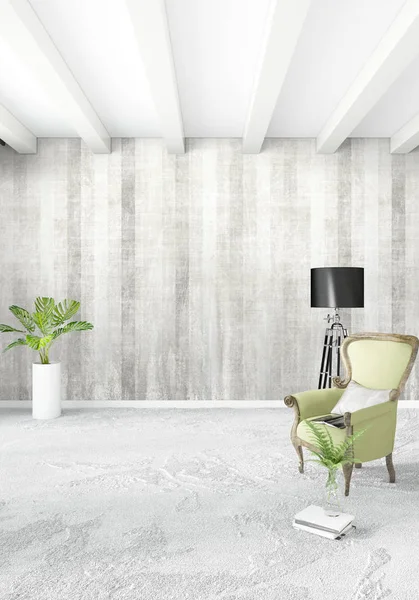 Çatı katı yatak odasında modern tarzı iç tasarım eklektik duvar ve şık kanepe. 3D render.