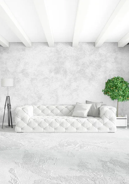 Çatı katı yatak odasında modern tarzı iç tasarım eklektik duvar ve şık kanepe. 3D render.