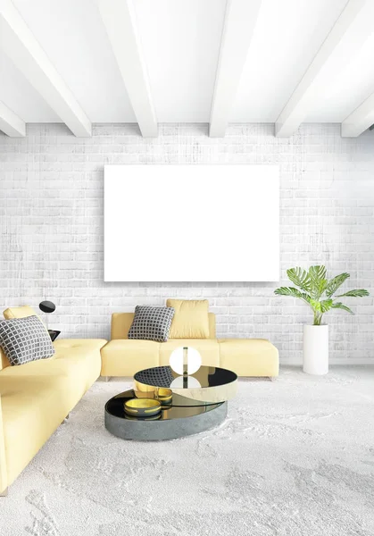 Quarto amarelo ou sala de estar em estilo moderno Design de interiores com parede de exalação e mobiliário elegante. Renderização 3D . — Fotografia de Stock