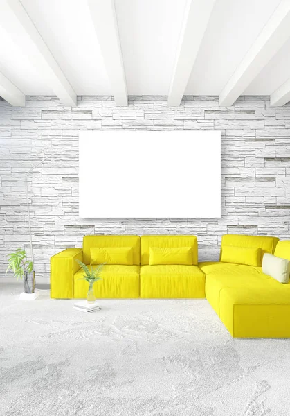 Dormitorio amarillo o sala de estar en estilo moderno Diseño de interiores con pared exudante y muebles elegantes. Renderizado 3D . —  Fotos de Stock