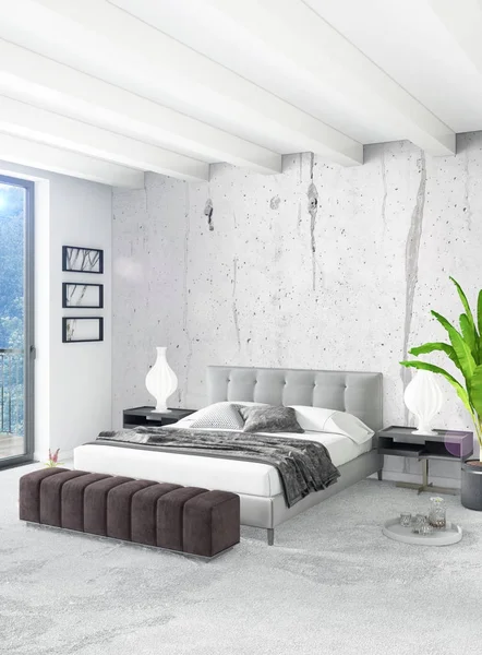 Çatı katı yatak odasında modern tarzı iç tasarım eklektik duvar ve şık kanepe. 3D render.