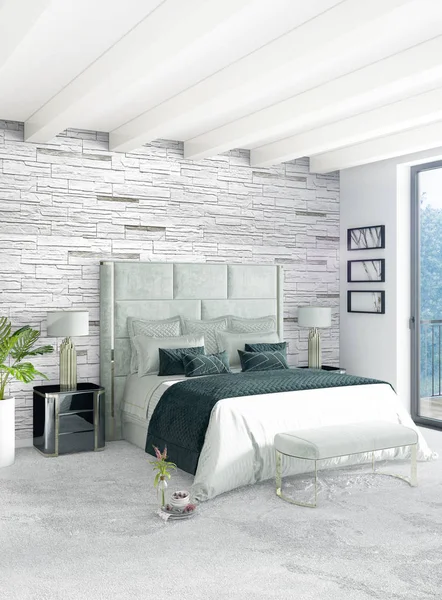 Loft slaapkamer in moderne stijl interieur met eclectische muur en stijlvolle sofa. 3D-rendering. — Stockfoto