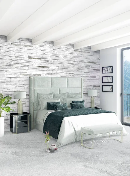 Loft camera da letto in stile moderno interior design con parete eclettica e divano elegante. Rendering 3D . — Foto Stock