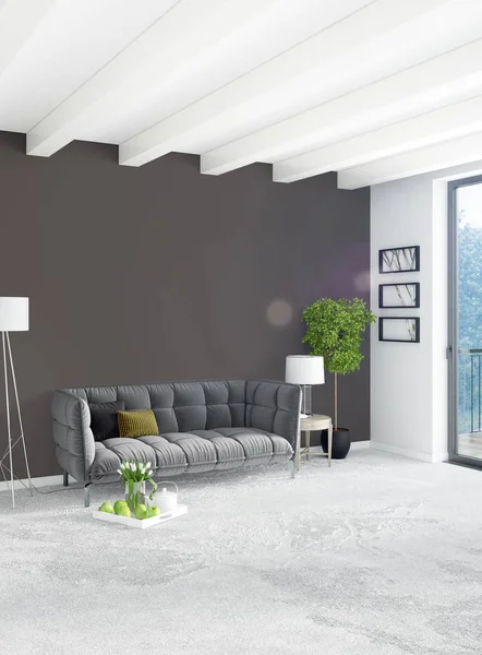 Loft dormitorio en diseño interior de estilo moderno con pared ecléctica y elegante sofá. Renderizado 3D . —  Fotos de Stock